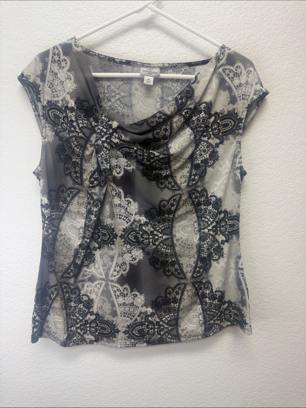 Worthington Black & Gray Lace-Print Cowl Neck Tunic